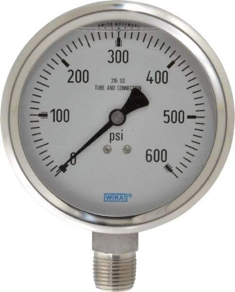 Wika - 4" Dial, 1/2 Thread, 0-600 Scale Range, Pressure Gauge - Lower Connection Mount, Accurate to 1% of Scale - Eagle Tool & Supply