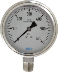 Wika - 4" Dial, 1/2 Thread, 0-600 Scale Range, Pressure Gauge - Lower Connection Mount, Accurate to 1% of Scale - Eagle Tool & Supply