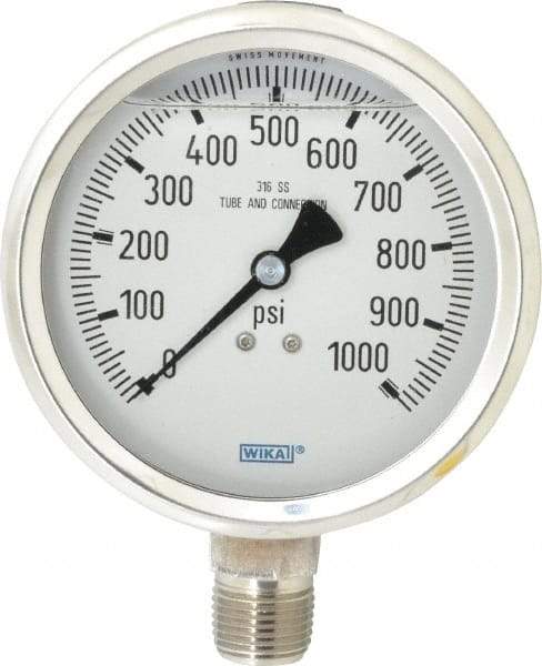 Wika - 4" Dial, 1/2 Thread, 0-1,000 Scale Range, Pressure Gauge - Lower Connection Mount, Accurate to 1% of Scale - Eagle Tool & Supply