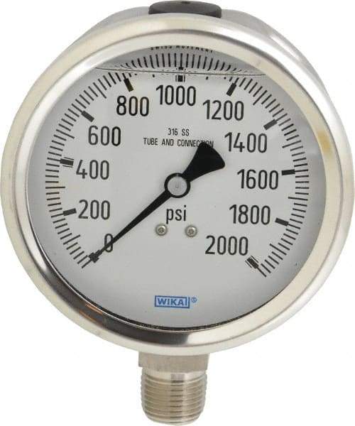 Wika - 4" Dial, 1/2 Thread, 0-2,000 Scale Range, Pressure Gauge - Lower Connection Mount, Accurate to 1% of Scale - Eagle Tool & Supply