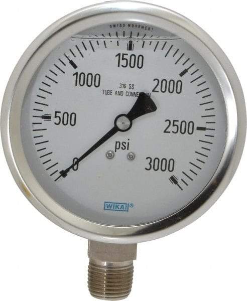 Wika - 4" Dial, 1/2 Thread, 0-3,000 Scale Range, Pressure Gauge - Lower Connection Mount, Accurate to 1% of Scale - Eagle Tool & Supply