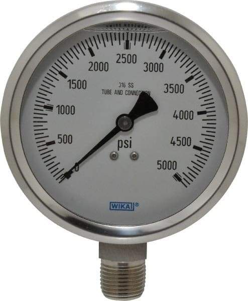 Wika - 4" Dial, 1/2 Thread, 0-5,000 Scale Range, Pressure Gauge - Lower Connection Mount, Accurate to 1% of Scale - Eagle Tool & Supply