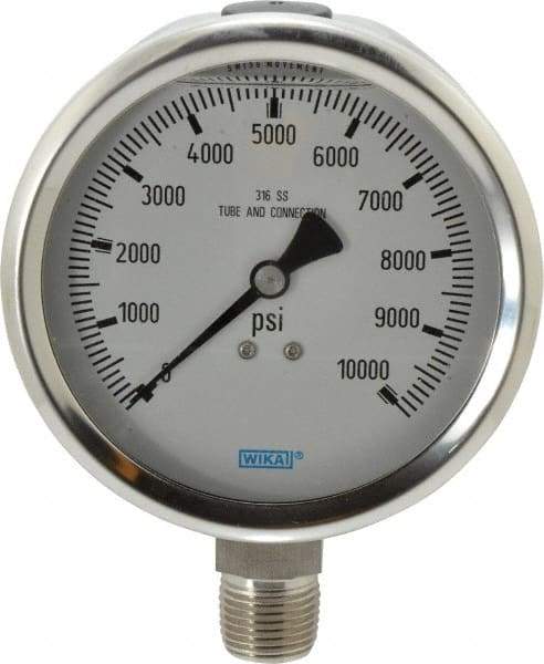 Wika - 4" Dial, 1/2 Thread, 0-10,000 Scale Range, Pressure Gauge - Lower Connection Mount, Accurate to 1% of Scale - Eagle Tool & Supply