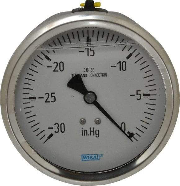 Wika - 4" Dial, 1/2 Thread, 30-0 Scale Range, Pressure Gauge - Lower Back Connection Mount, Accurate to 1% of Scale - Eagle Tool & Supply
