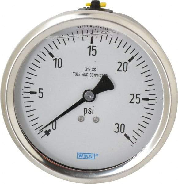 Wika - 4" Dial, 1/2 Thread, 0-30 Scale Range, Pressure Gauge - Lower Back Connection Mount, Accurate to 1% of Scale - Eagle Tool & Supply