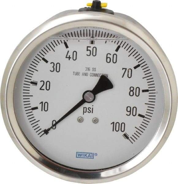Wika - 4" Dial, 1/2 Thread, 0-100 Scale Range, Pressure Gauge - Lower Back Connection Mount, Accurate to 1% of Scale - Eagle Tool & Supply