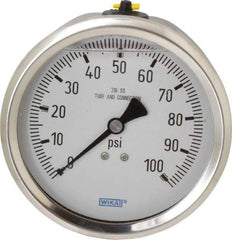 Wika - 4" Dial, 1/2 Thread, 0-100 Scale Range, Pressure Gauge - Lower Back Connection Mount, Accurate to 1% of Scale - Eagle Tool & Supply