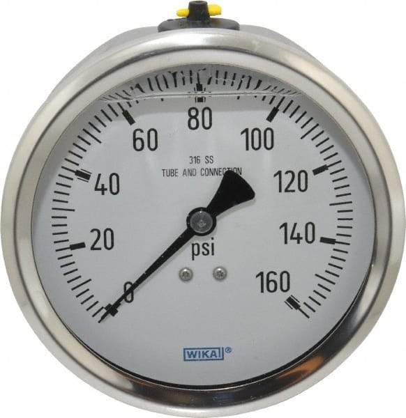 Wika - 4" Dial, 1/2 Thread, 0-160 Scale Range, Pressure Gauge - Lower Back Connection Mount, Accurate to 1% of Scale - Eagle Tool & Supply