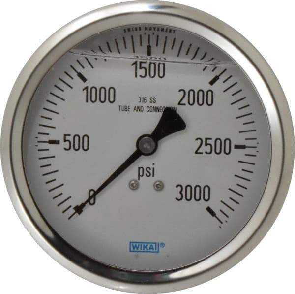 Wika - 4" Dial, 1/2 Thread, 0-3,000 Scale Range, Pressure Gauge - Lower Back Connection Mount, Accurate to 1% of Scale - Eagle Tool & Supply