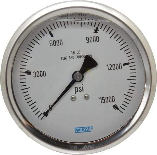 Wika - 4" Dial, 1/2 Thread, 0-15,000 Scale Range, Pressure Gauge - Lower Back Connection Mount, Accurate to 1% of Scale - Eagle Tool & Supply