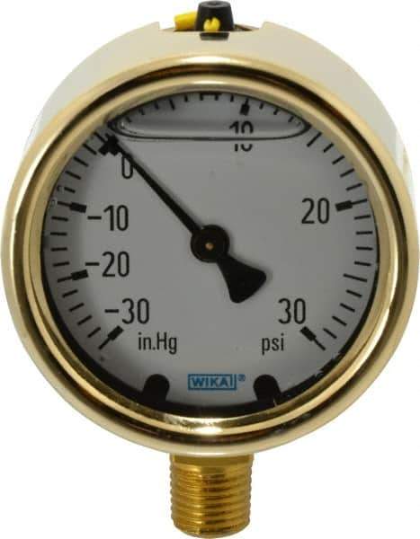 Wika - 2-1/2" Dial, 1/4 Thread, 30-0-30 Scale Range, Pressure Gauge - Lower Connection Mount, Accurate to 1.5% of Scale - Eagle Tool & Supply