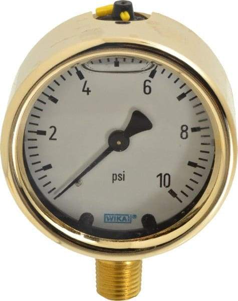 Wika - 2-1/2" Dial, 1/4 Thread, 0-10 Scale Range, Pressure Gauge - Lower Connection Mount, Accurate to 1.5% of Scale - Eagle Tool & Supply