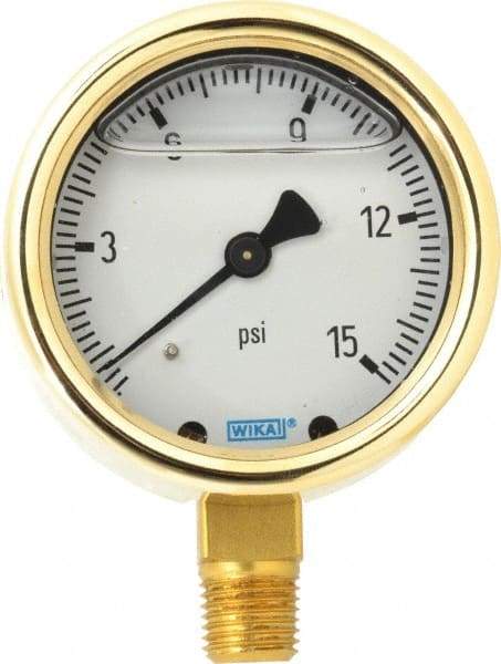 Wika - 2-1/2" Dial, 1/4 Thread, 0-15 Scale Range, Pressure Gauge - Lower Connection Mount, Accurate to 1.5% of Scale - Eagle Tool & Supply