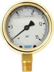 Wika - 2-1/2" Dial, 1/4 Thread, 0-15 Scale Range, Pressure Gauge - Lower Connection Mount, Accurate to 1.5% of Scale - Eagle Tool & Supply
