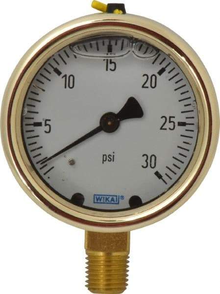 Wika - 2-1/2" Dial, 1/4 Thread, 0-30 Scale Range, Pressure Gauge - Lower Connection Mount, Accurate to 1.5% of Scale - Eagle Tool & Supply