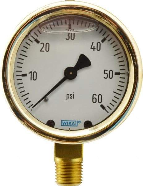 Wika - 2-1/2" Dial, 1/4 Thread, 0-60 Scale Range, Pressure Gauge - Lower Connection Mount, Accurate to 1.5% of Scale - Eagle Tool & Supply