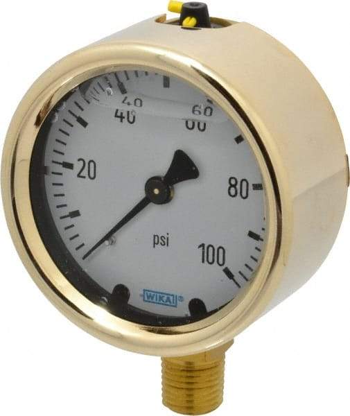 Wika - 2-1/2" Dial, 1/4 Thread, 0-100 Scale Range, Pressure Gauge - Lower Connection Mount, Accurate to 1.5% of Scale - Eagle Tool & Supply