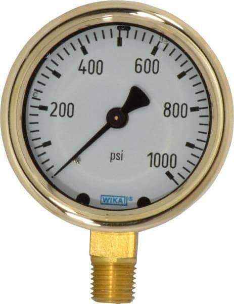Wika - 2-1/2" Dial, 1/4 Thread, 0-1,000 Scale Range, Pressure Gauge - Lower Connection Mount, Accurate to 1.5% of Scale - Eagle Tool & Supply
