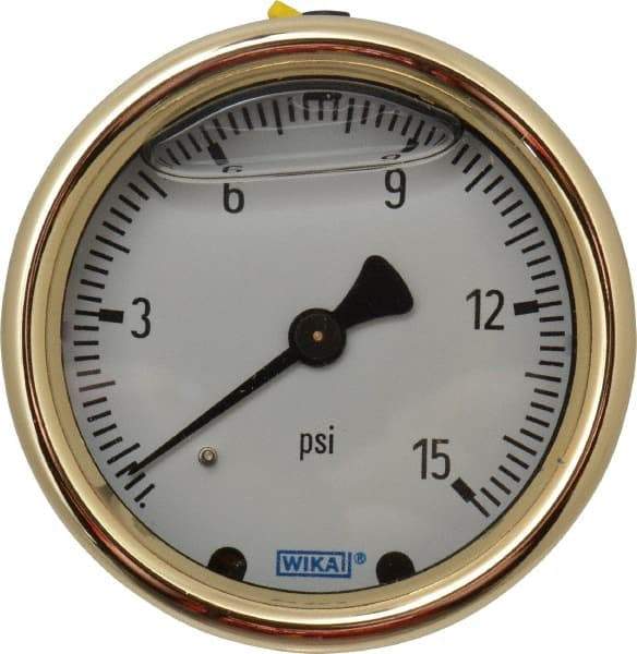 Wika - 2-1/2" Dial, 1/4 Thread, 0-15 Scale Range, Pressure Gauge - Back Connection Mount, Accurate to 1.5% of Scale - Eagle Tool & Supply