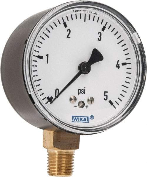 Wika - 2-1/2" Dial, 1/4 Thread, 0-5 Scale Range, Pressure Gauge - Lower Connection Mount, Accurate to 1.5% of Scale - Eagle Tool & Supply