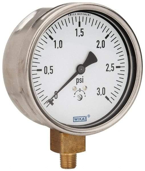 Wika - 4" Dial, 1/4 Thread, 0-3 Scale Range, Pressure Gauge - Lower Connection Mount, Accurate to 1.5% of Scale - Eagle Tool & Supply