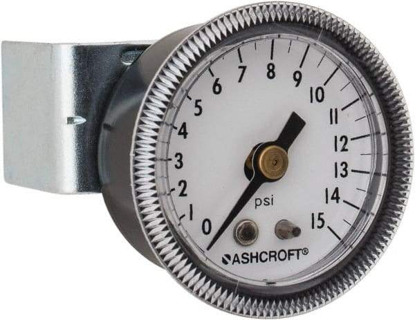 Ashcroft - 1-1/2" Dial, 1/8 Thread, 0-15 Scale Range, Pressure Gauge - Center Back Connection Mount - Eagle Tool & Supply