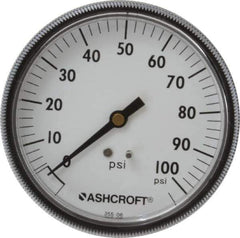 Ashcroft - 3-1/2" Dial, 1/4 Thread, 0-100 Scale Range, Pressure Gauge - Center Back Connection Mount - Eagle Tool & Supply