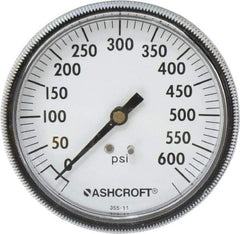 Ashcroft - 3-1/2" Dial, 1/4 Thread, 0-600 Scale Range, Pressure Gauge - Center Back Connection Mount - Eagle Tool & Supply