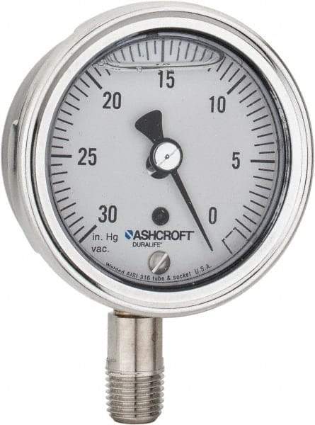 Ashcroft - 2-1/2" Dial, 1/4 Thread, 30-0 Scale Range, Pressure Gauge - Lower Connection Mount, Accurate to 1% of Scale - Eagle Tool & Supply