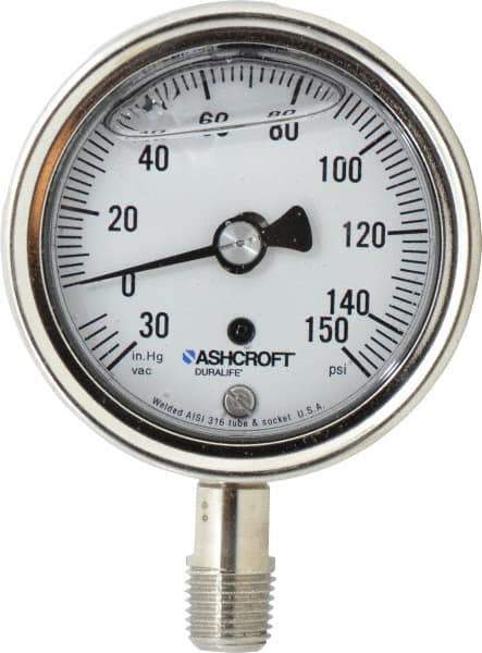 Ashcroft - 2-1/2" Dial, 1/4 Thread, 30-0-150 Scale Range, Pressure Gauge - Lower Connection Mount, Accurate to 1% of Scale - Eagle Tool & Supply