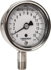 Ashcroft - 2-1/2" Dial, 1/4 Thread, 0-15 Scale Range, Pressure Gauge - Lower Connection Mount, Accurate to 1% of Scale - Eagle Tool & Supply