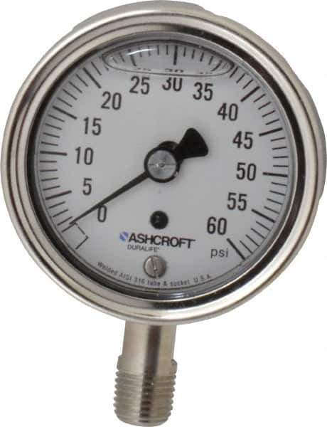 Ashcroft - 2-1/2" Dial, 1/4 Thread, 0-60 Scale Range, Pressure Gauge - Lower Connection Mount, Accurate to 1% of Scale - Eagle Tool & Supply