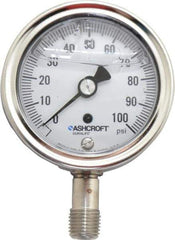 Ashcroft - 2-1/2" Dial, 1/4 Thread, 0-100 Scale Range, Pressure Gauge - Lower Connection Mount, Accurate to 1% of Scale - Eagle Tool & Supply