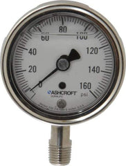 Ashcroft - 2-1/2" Dial, 1/4 Thread, 0-160 Scale Range, Pressure Gauge - Lower Connection Mount, Accurate to 1% of Scale - Eagle Tool & Supply