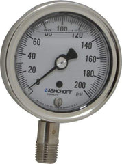 Ashcroft - 2-1/2" Dial, 1/4 Thread, 0-200 Scale Range, Pressure Gauge - Lower Connection Mount, Accurate to 1% of Scale - Eagle Tool & Supply