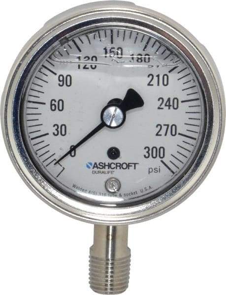 Ashcroft - 2-1/2" Dial, 1/4 Thread, 0-300 Scale Range, Pressure Gauge - Lower Connection Mount, Accurate to 1% of Scale - Eagle Tool & Supply