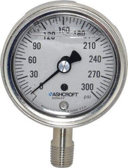 Ashcroft - 2-1/2" Dial, 1/4 Thread, 0-300 Scale Range, Pressure Gauge - Lower Connection Mount, Accurate to 1% of Scale - Eagle Tool & Supply