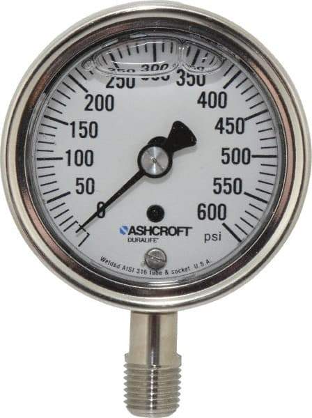 Ashcroft - 2-1/2" Dial, 1/4 Thread, 0-600 Scale Range, Pressure Gauge - Lower Connection Mount, Accurate to 1% of Scale - Eagle Tool & Supply