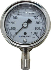 Ashcroft - 2-1/2" Dial, 1/4 Thread, 0-1,000 Scale Range, Pressure Gauge - Lower Connection Mount, Accurate to 1% of Scale - Eagle Tool & Supply