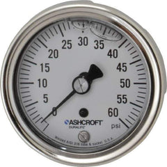 Ashcroft - 2-1/2" Dial, 1/4 Thread, 0-60 Scale Range, Pressure Gauge - Center Back Connection Mount, Accurate to 1% of Scale - Eagle Tool & Supply