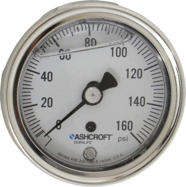 Ashcroft - 2-1/2" Dial, 1/4 Thread, 0-160 Scale Range, Pressure Gauge - Center Back Connection Mount, Accurate to 1% of Scale - Eagle Tool & Supply