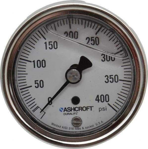 Ashcroft - 2-1/2" Dial, 1/4 Thread, 0-400 Scale Range, Pressure Gauge - Center Back Connection Mount, Accurate to 1% of Scale - Eagle Tool & Supply