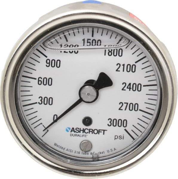 Ashcroft - 2-1/2" Dial, 1/4 Thread, 0-3,000 Scale Range, Pressure Gauge - Center Back Connection Mount, Accurate to 1% of Scale - Eagle Tool & Supply