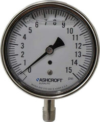 Ashcroft - 3-1/2" Dial, 1/4 Thread, 0-15 Scale Range, Pressure Gauge - Lower Connection Mount, Accurate to 1% of Scale - Eagle Tool & Supply