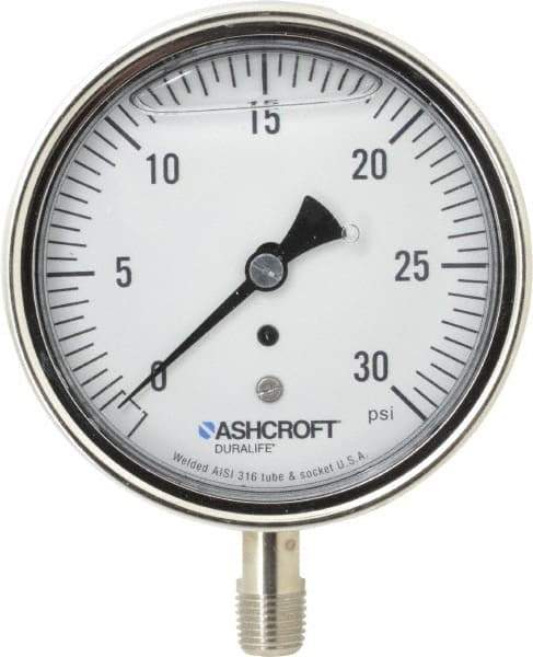 Ashcroft - 3-1/2" Dial, 1/4 Thread, 0-30 Scale Range, Pressure Gauge - Lower Connection Mount, Accurate to 1% of Scale - Eagle Tool & Supply