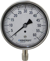 Ashcroft - 3-1/2" Dial, 1/4 Thread, 0-60 Scale Range, Pressure Gauge - Lower Connection Mount, Accurate to 1% of Scale - Eagle Tool & Supply