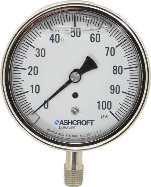 Ashcroft - 3-1/2" Dial, 1/4 Thread, 0-100 Scale Range, Pressure Gauge - Lower Connection Mount, Accurate to 1% of Scale - Eagle Tool & Supply