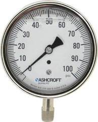 Ashcroft - 3-1/2" Dial, 1/4 Thread, 0-100 Scale Range, Pressure Gauge - Lower Connection Mount, Accurate to 1% of Scale - Eagle Tool & Supply