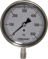 Ashcroft - 3-1/2" Dial, 1/4 Thread, 0-600 Scale Range, Pressure Gauge - Lower Connection Mount, Accurate to 1% of Scale - Eagle Tool & Supply