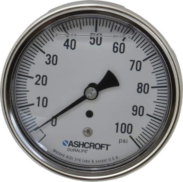 Ashcroft - 3-1/2" Dial, 1/4 Thread, 0-100 Scale Range, Pressure Gauge - Center Back Connection Mount, Accurate to 1% of Scale - Eagle Tool & Supply
